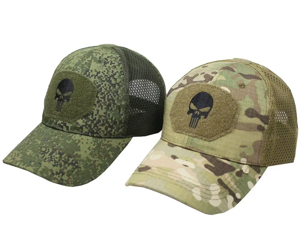 Tarnfarbene Baseballkappe mit Netzstoff, Atmungsaktive Spezialeinheiten Taktische Tarnmütze, Totenkopf-Entenschnabel-Schirmmütze – Detail 4