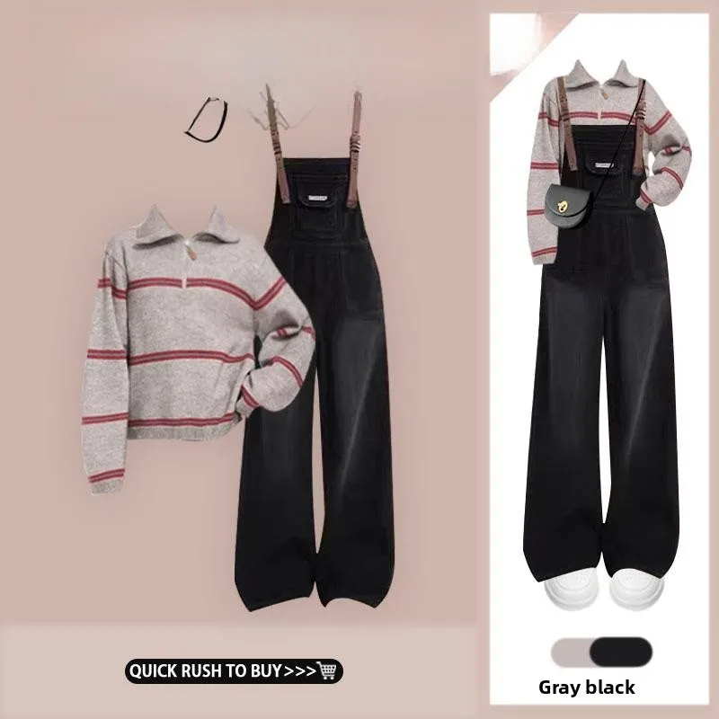 

ay f Zipper Ne Knitwear Women's Faion Set with Bla Denim Overalls Long Sve Crew Ne Sweater And Pants Set