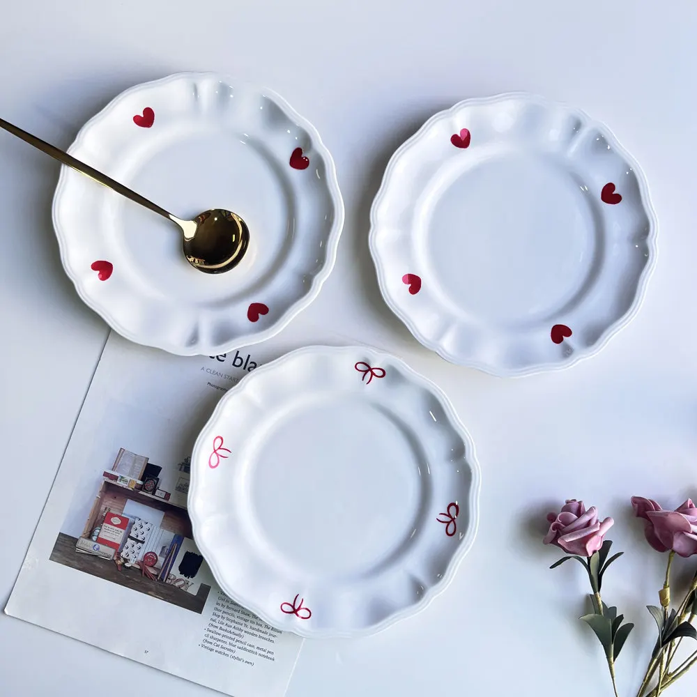 Red Heart Print Ceramic Serving Plate 2026 New Household 8 Inch Underglaze Color Dinner Tableware Floral Shape White Simple Dish