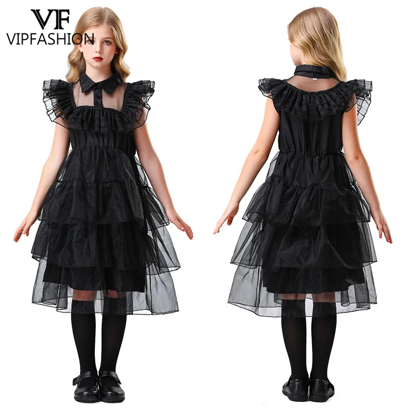 

VIP модный костюм для девочек Wed.Addams, черное платье для косплея на Хэллоуин, сетчатое платье, наряд для выступления на сцене, одежда для дня рождения