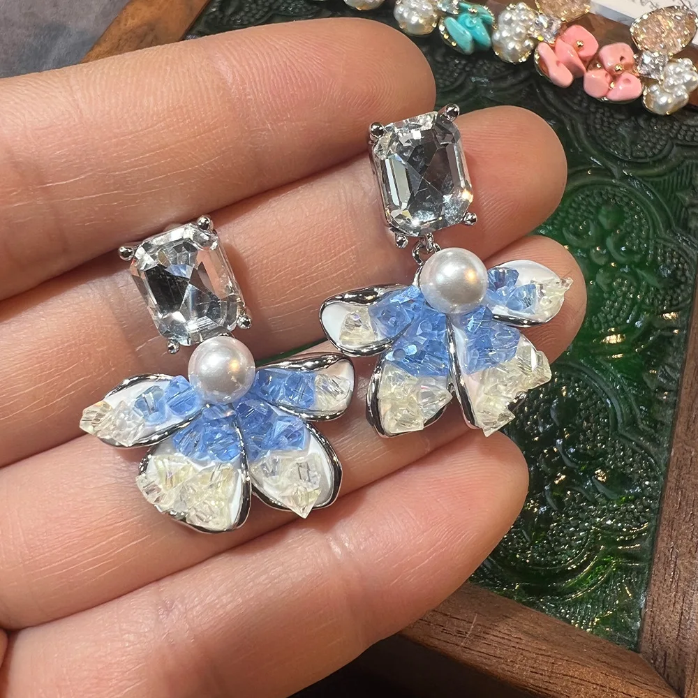 Monet handmade crystal five-pointed star niche design versatile exquisite elegant high-end new Chinese flower S925 earrings
