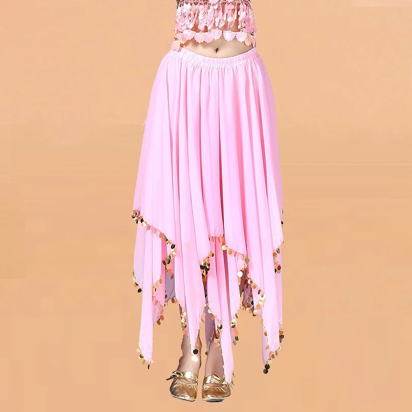 

Женское платье для танца живота для взрослых, шифоновая юбка с краями из бисера в роли нижней части, костюм с разрезом для индийского танца