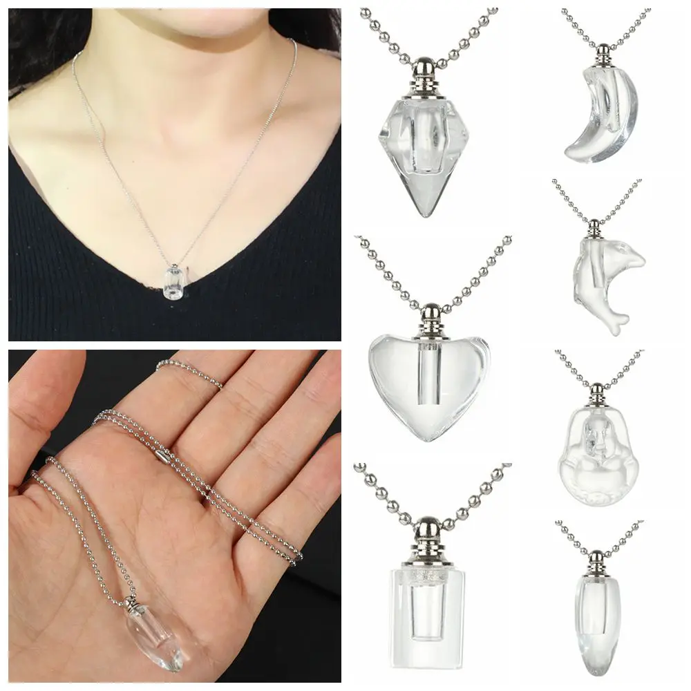 Clear Glass Ash Locket Steel Chain Perfume Jar Pendant Wishing Bottle Pendant Lucky Charm Crystal Vial