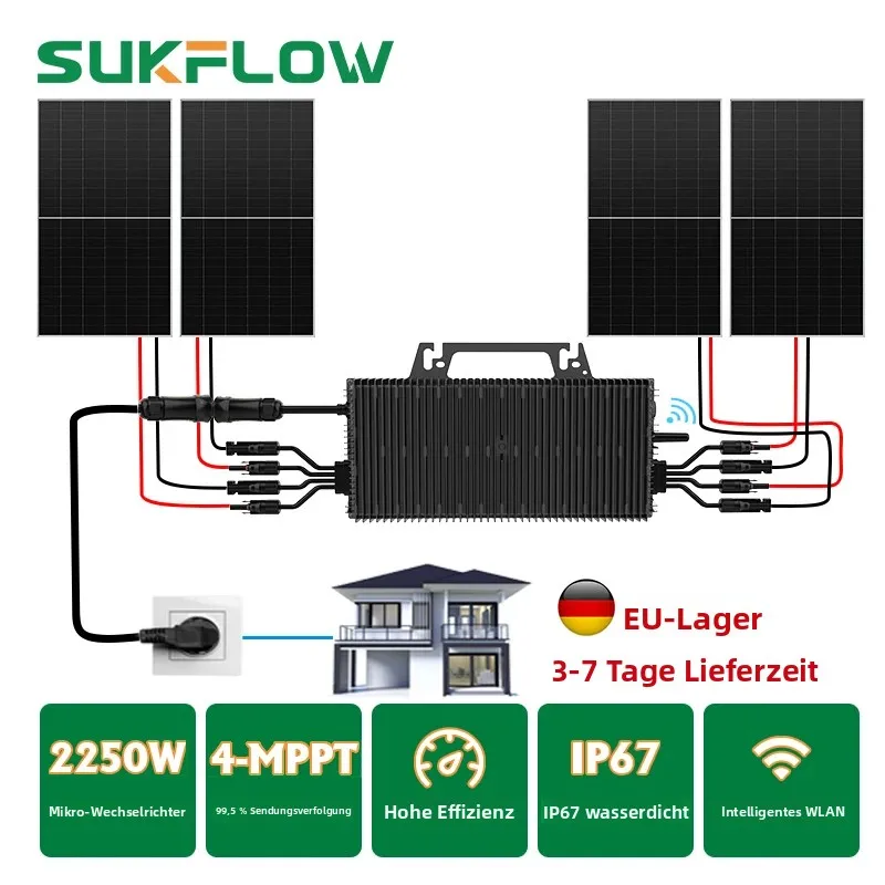 2250W Netzgekoppelter Solar-Mikrowechselrichter mit 4 MPPT-Monitoren und WLAN-Funktion, IP67 wasserdicht, 230VAC Mikro-Wechselrichter-Solarsystem für Zuhause