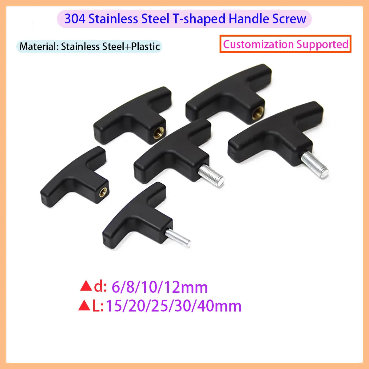 

M6 M 8 M10 M12 304 Stainless Steel Plastic T-shaped Handle Slotted Handle Plastic Head Screw