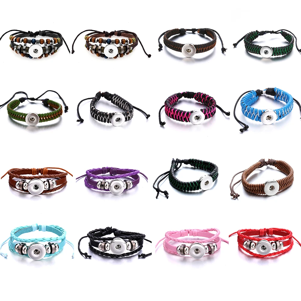 Charming Colorful Pu Leather bracelets Adjustable drawstring style Rope bangle fit 18mm snap buttons DIY jewelry