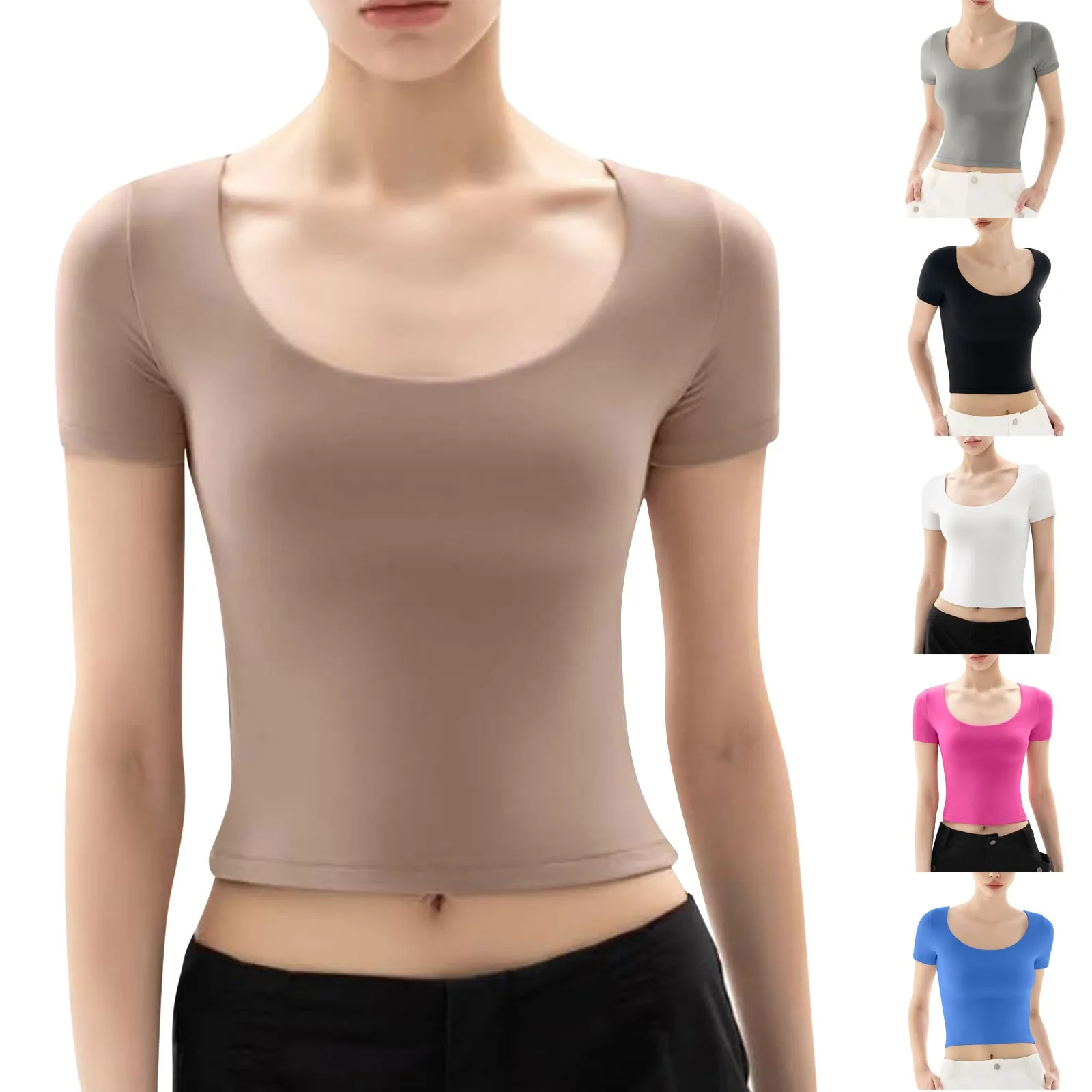 Women Summer Tight Stretch Crop Tops Sexy Slim Fit Daily Casual O Neck Vest Female Solid Color Ultra Short Short-sleeve T-shirt