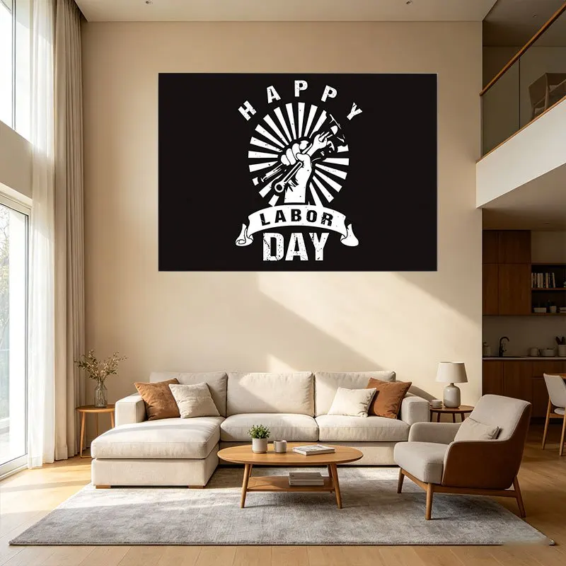 Happy Labor Day Celebration Wall Decor Banner Industrial Style Worker Tools Gift for Man Home Office