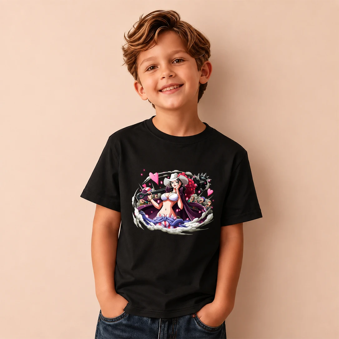 Kids T‑Shirt One Piece Nico Robin Love Heart Element Print Short Sleeve Casual Tops Boys Girls Anime Children Daily Wear Tees