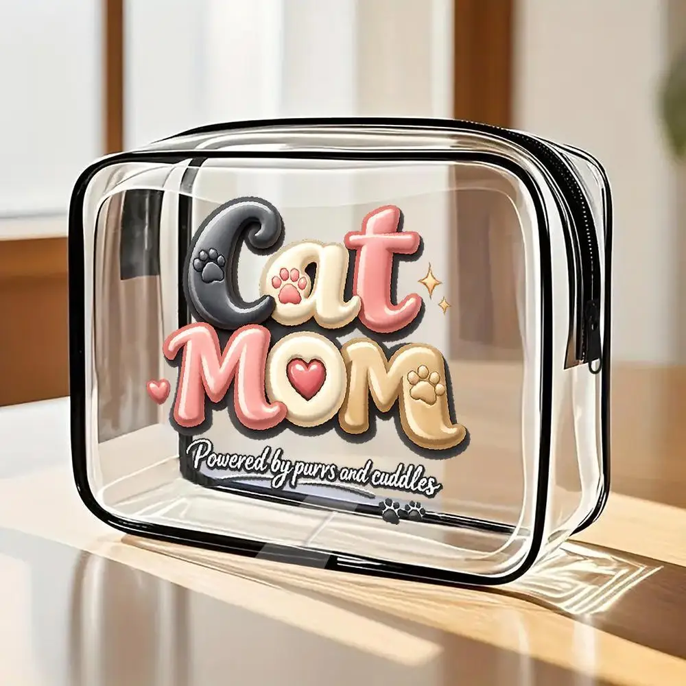 Toilet Bag Cat Mom Lettering and Paw Prints Clear PVC Cosmetic Bag, Kawaii Stylized Design with Black Trim Zipper, Portable