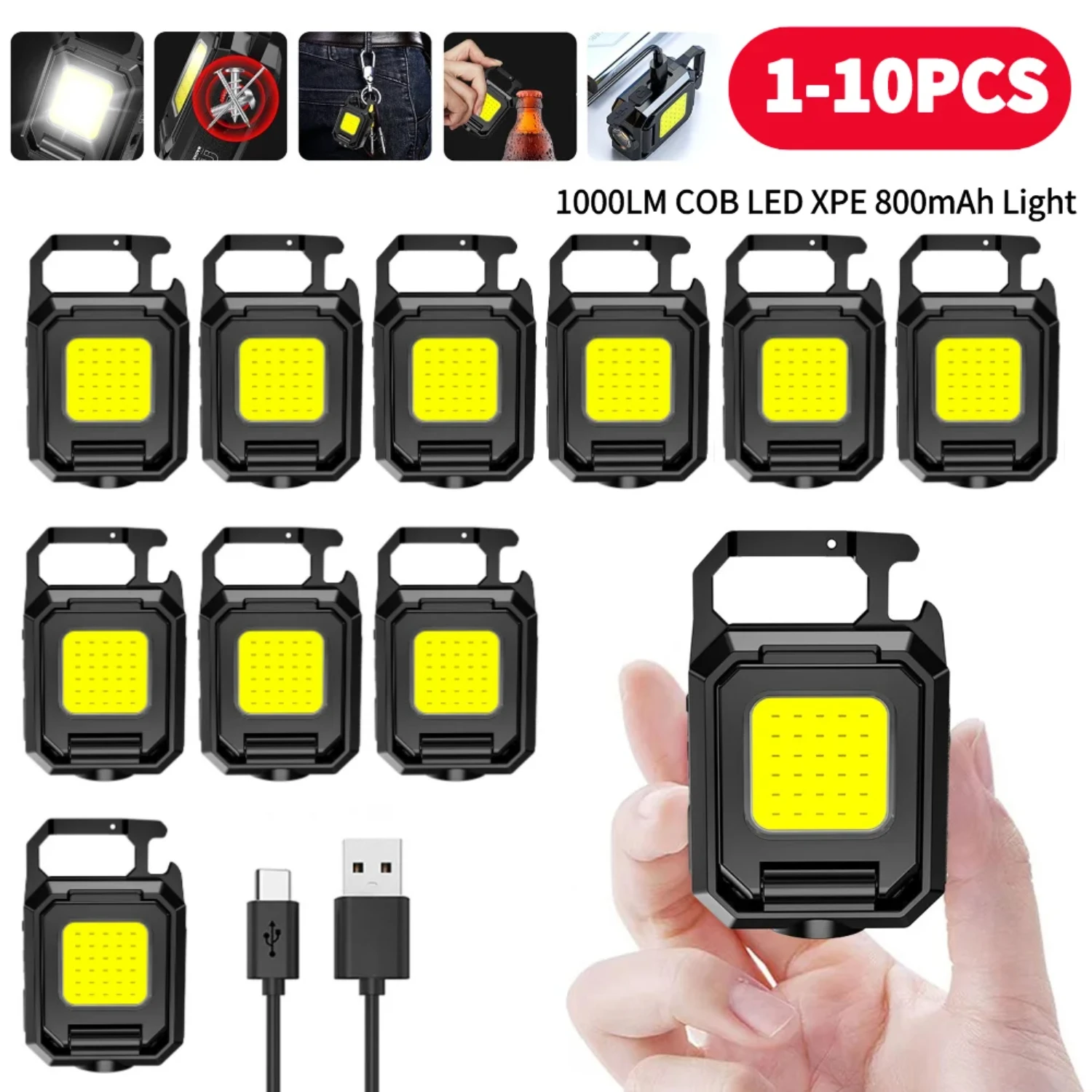 New 1-10PCS Mini  Keychain Light 1000LM COB  USB Rechargeable Flashlight Multifunctional Portable Camping Lamps Work Lights