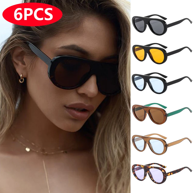 6pcs Fashion Oval Sun Glasses Women Large Frame Retro Sunglasses Sets UV Resistant Female Minimalist Style Glasses Unisex