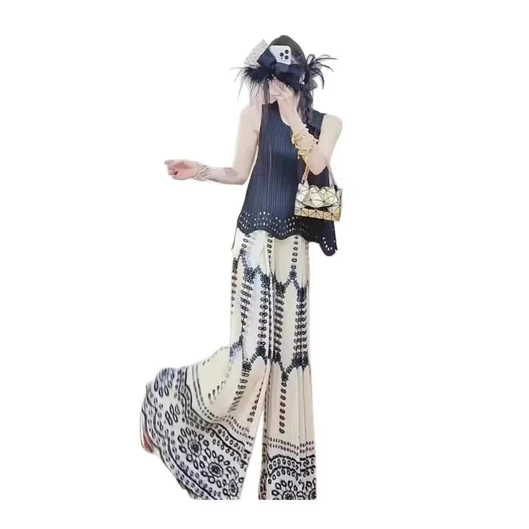 مياكي مطوي السراويل واسعة الساق للنساء نمط العرقية المألوف ومتعدد الاستخدامات المطبوعة عالية الخصر تدلى سراويل تقليدية