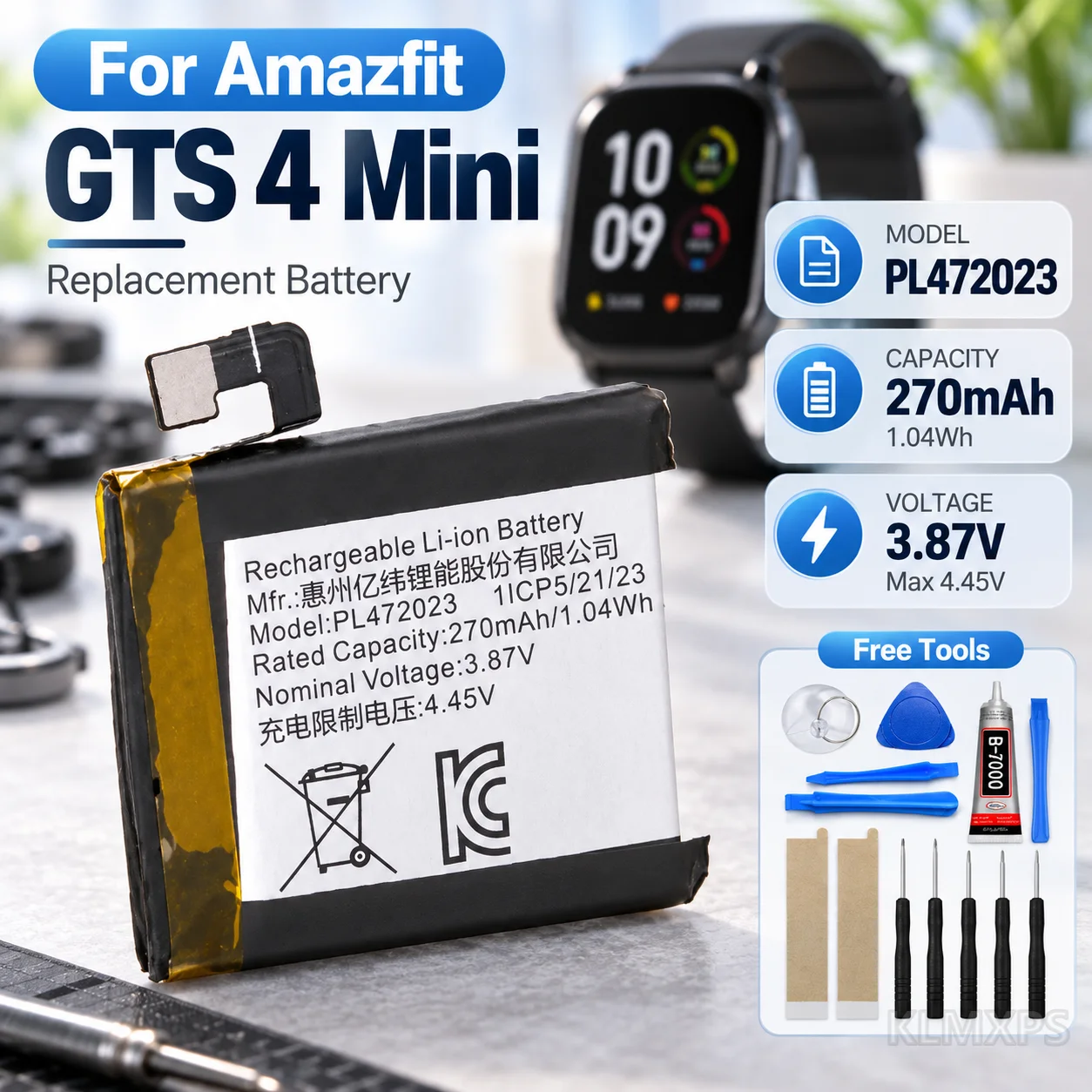 Smart Watch Replacement Battery PL472023 270mAh For Huami Amazfit GTS 4 Mini Compatible Model 472023 Repair With Free Tools