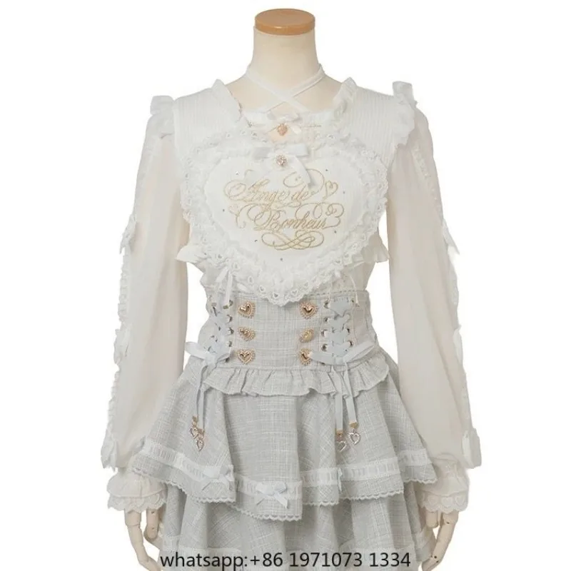 Japanese Liz Sweet Lolita Lace Big Heart Cross Strap Long Sleeve Shirt Spring New Mass-Produced Cute Girl Princess Y2K Shirt Top