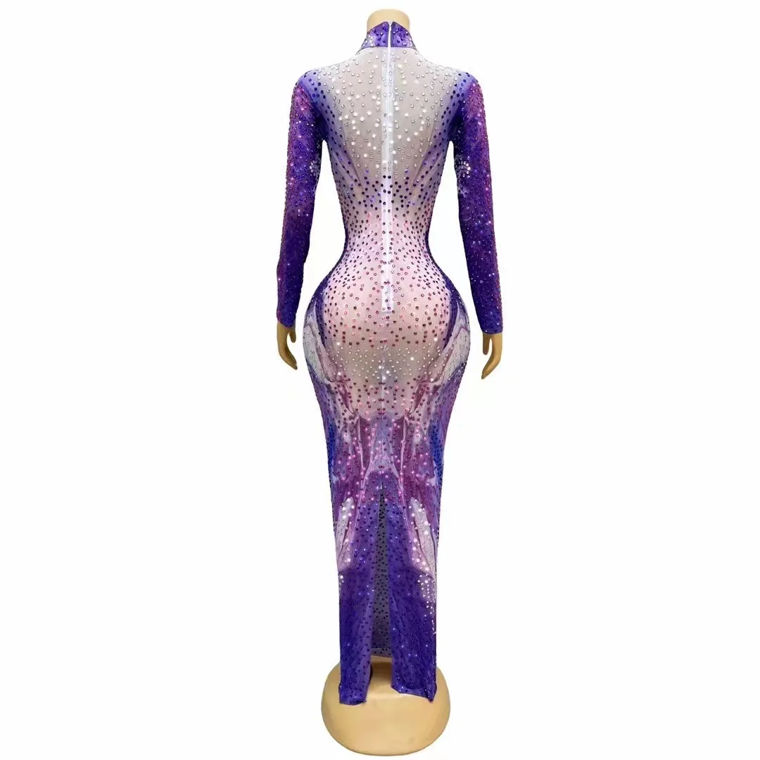 Brilliant Purple Rose Rhinestones Long Sleeves Dress Birthday Sexy Stage Photography Outfit Singer Wedding Graduation Costume