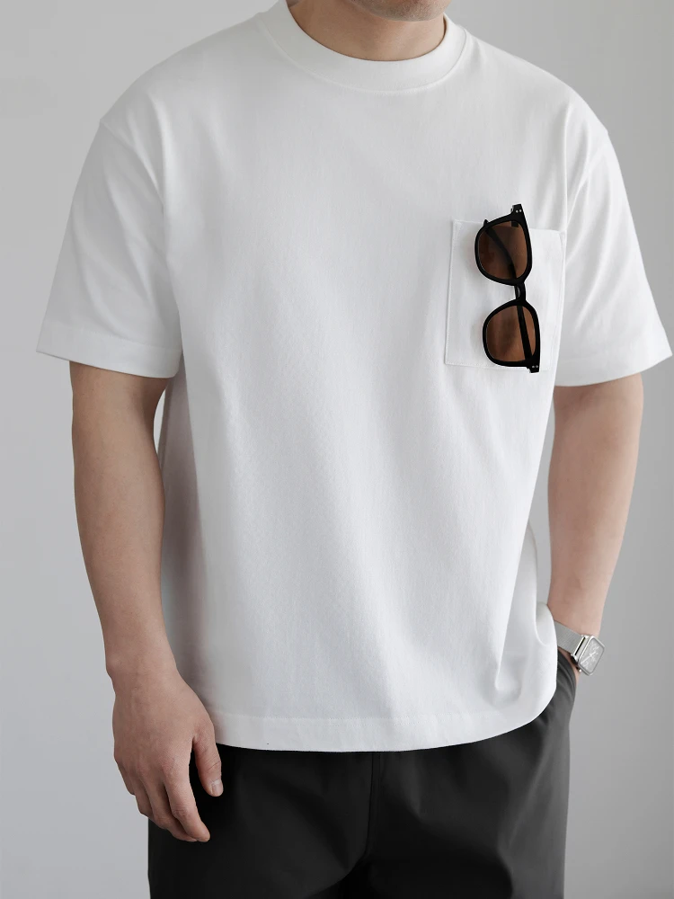 Heavyweight American Retro Seamless Tube Knit Cotton Pocket T-Shirt Men's Summer Shoulder Drop Short Sleeve Pure Cotton