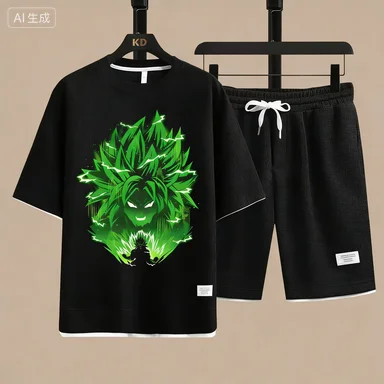 

Men's Japanese Raijin Thunder God Print 2 Piece Outfit, Waffle Knit T-shirt + Shorts Set, Traditional Myth Streetwear Tracksuit