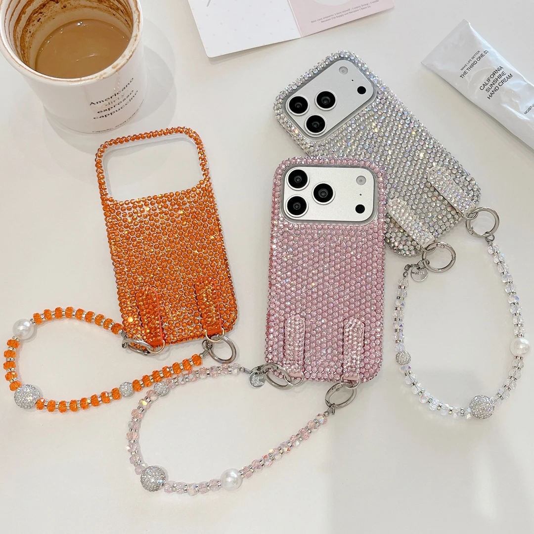 

Luxury Sparkling Full Diamond Glitter Case For iPhone 13 14 15 16 17 Pro Max Plus Matching Diamond Chain Bracelet Shell Cover