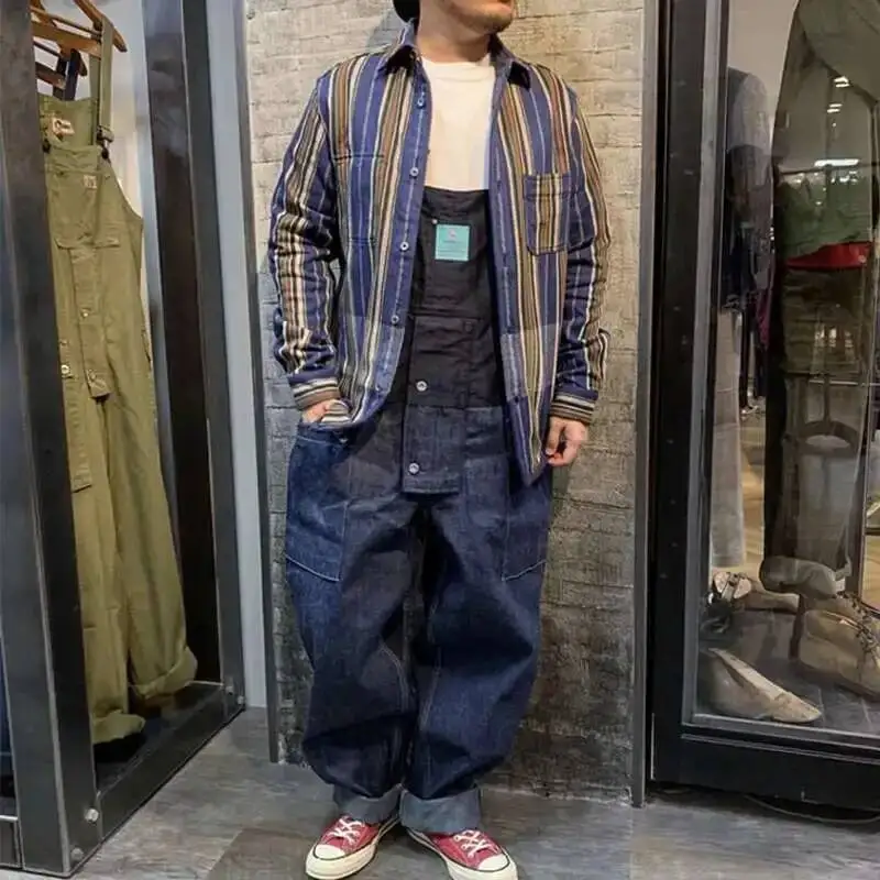 American High Street Colorblock Spliced Workwear Jumpsuit Loose Causal Suspenders Backpack Pants 2025  One-piece JE4J