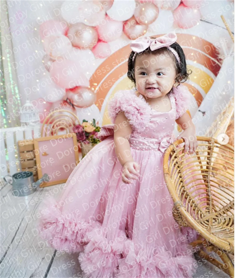 2025 New Customize Flower Girl Dresses Light Pink Cute Mesh Ruffled Edges Suitable For Dinner Birthday Party Dresses