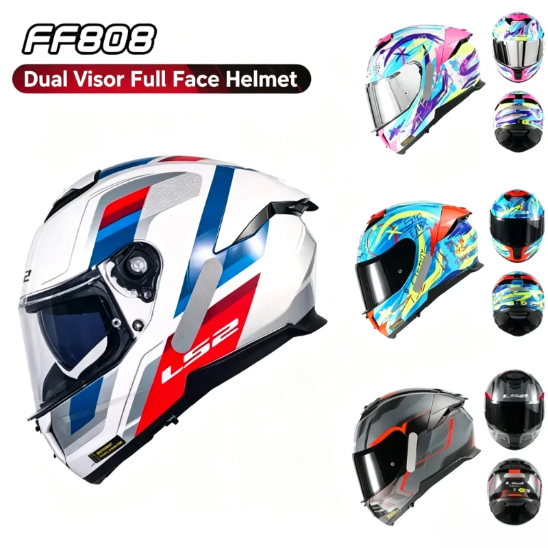 LS2 FF808 Unisex Motorcycle Full Face Helmet Dual Visor All Season Racing Helmet with Anti-Fog Large Rear Spoiler