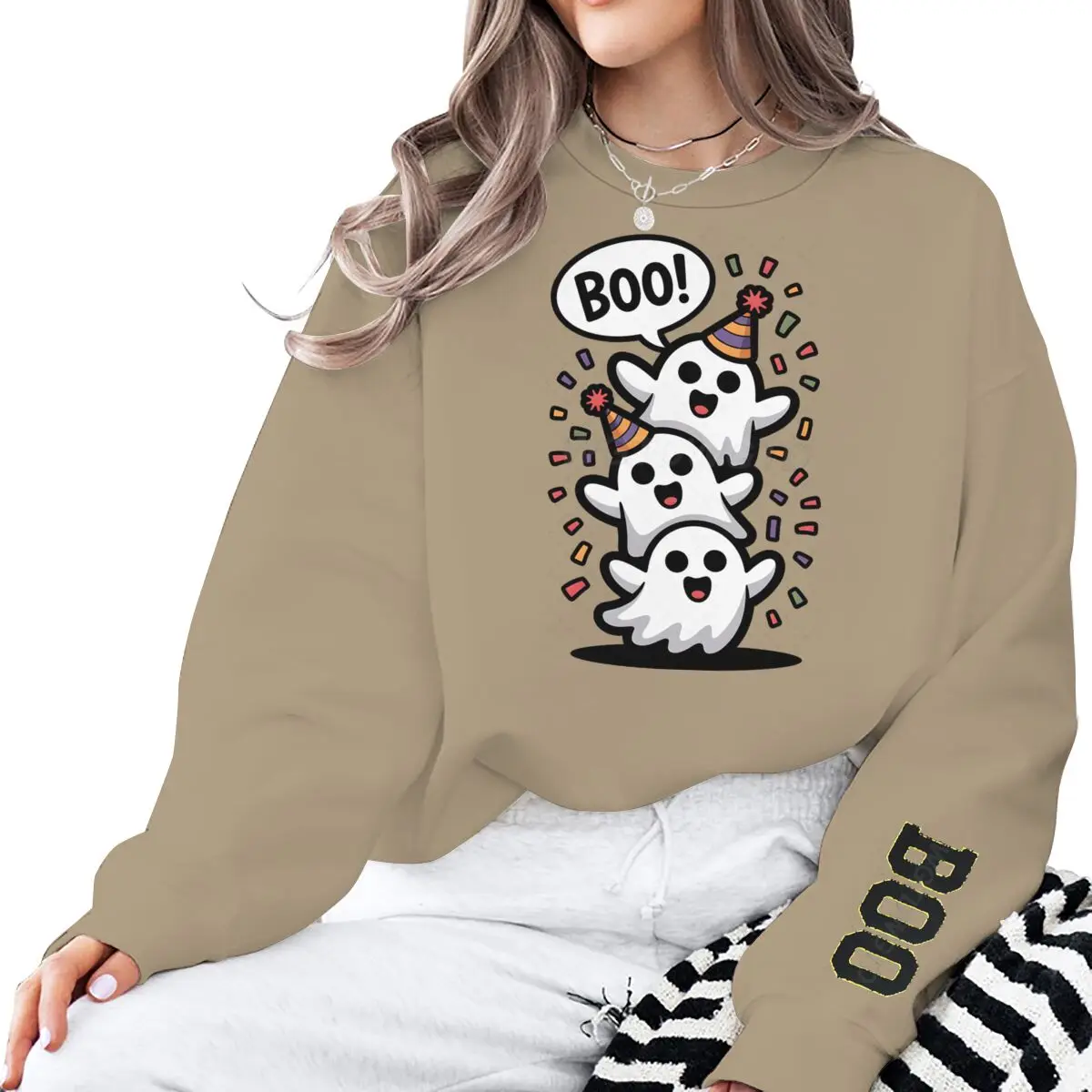 Halloween Cute Stacked Ghosts Boo Print Sweatshirt Women Crew Neck Long Sleeve Pullover Vintage Halloween Gifts Sweatshirts