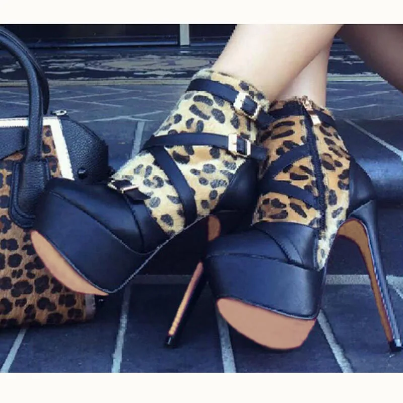 

Sexy High Platform Leopard Horsehair Belt Fasten Ankle Boots Gladiator Super High Heel Party Stage Boots Female Motorcycle Boots