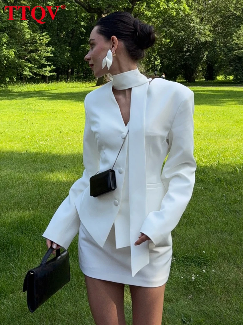 

TTQV Fashion Slim White Office Two Piece Outfits Woman 2025 Elegant Long Sleeve Shirt With High Waist Mini Skirt Set Female