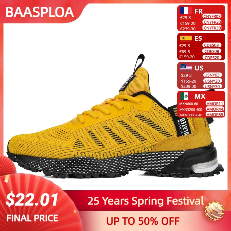 Men's Running Shoes Baasploa Male Sneakers Shoes Breathable Mesh Outdoor Grass Walking Gym Shoes For Men Plus Size 41-50