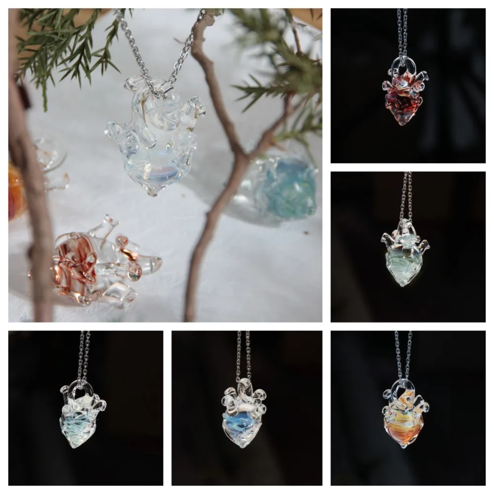 

Dreamlike Glassy Heart Necklace Silver Chain Handmade Transparent Heart Pendant Necklace Jewelry Vintage