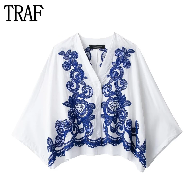 

TRAF Embroidery Oversized Shirt Women White Button up Shirts for Women Boho Summer Beach Blouse Female Wide Sleeve Crop Tops