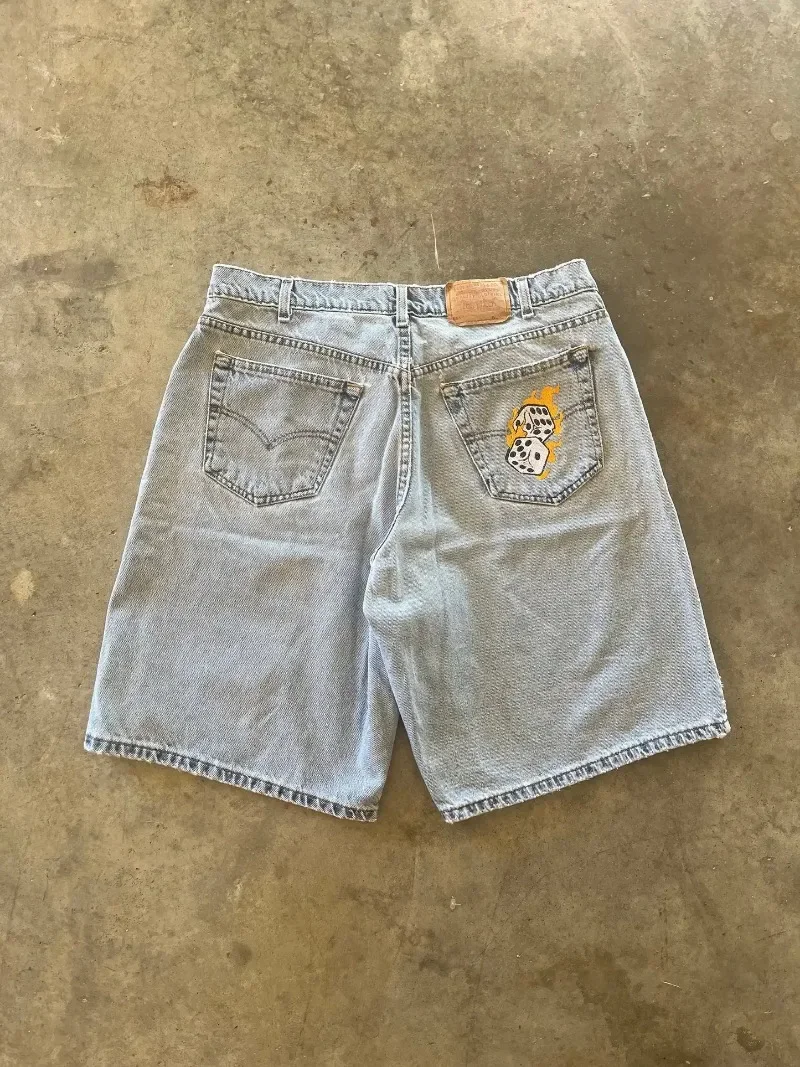 Short en jean noir brodé Harajuku pour femmes et hommes, poche de rue rétro, short d'été Y2K, livraison gratuite, nouveau, 2024