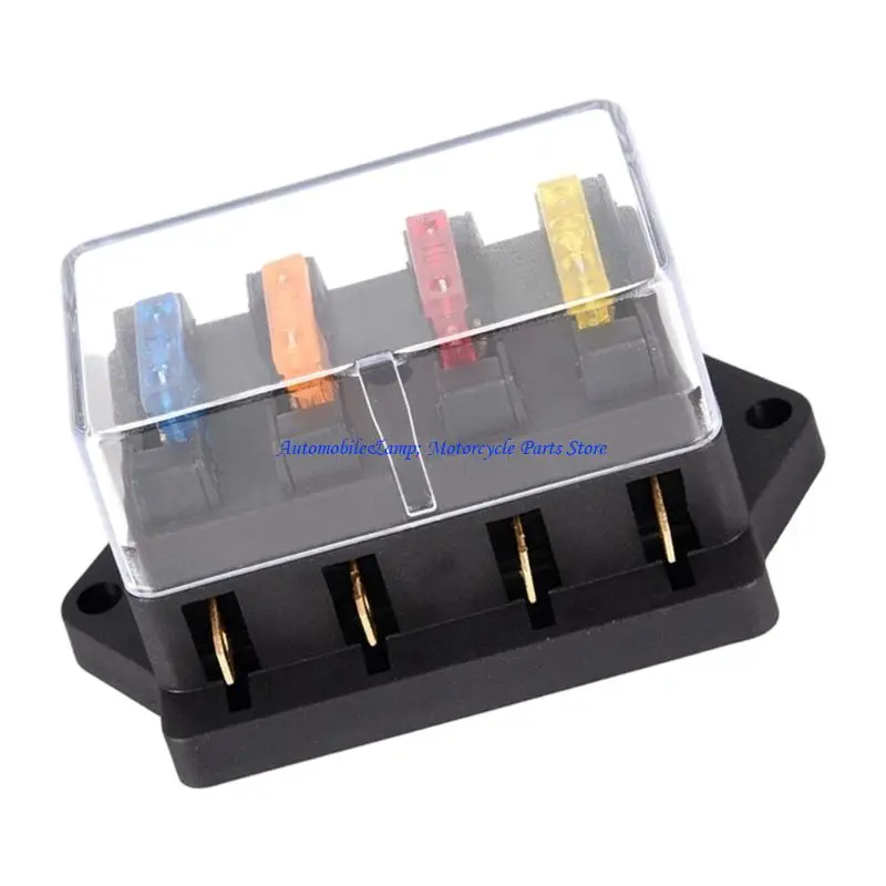 H7BD Automotive Circuit Distribution Block 4 Way with Clear Cover and 4 Blade Pieces, Car Motorcycle Wiring Unit for Light Horn