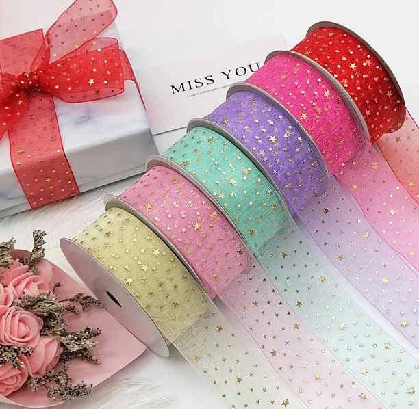 

1'' 25mm Gold Stars Printing Organza Ribbon For Hair Bow Wedding Christmas Decoration Lace Crafts DIY Gift Package