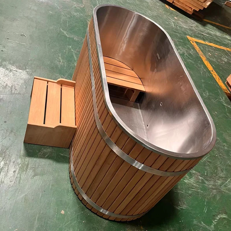 

HUAXI Factory Wholesale Modern Cold Plunge Bathtubs Obechi Stainless Steel Oval Wooden Barrel Spa Quality Wooden Ice Bath Tub