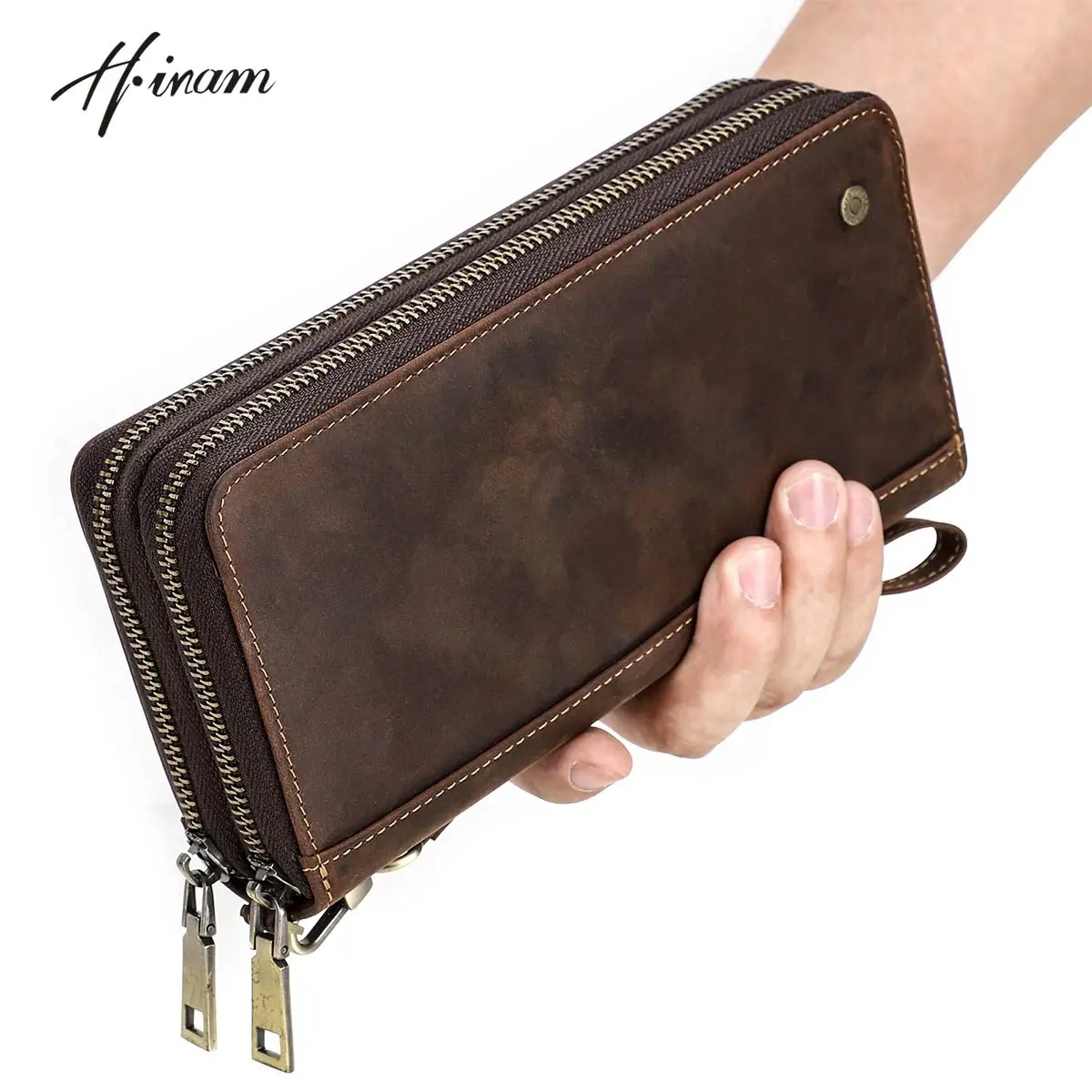 Contact\'s Men\'s Wallet Genuine Leather Clutch Male Men\'s Clutch Bag Double Zip Long Wallets Purse Money Bag Large capacity