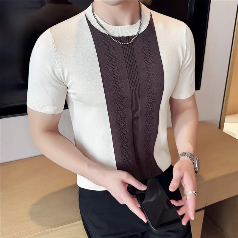 2025 Summer Ice Silk Knitted Hollow Striped Short Sleeved T-shirt Men Elastic Round Neck Slim Fit Casual T-shirt men clothing