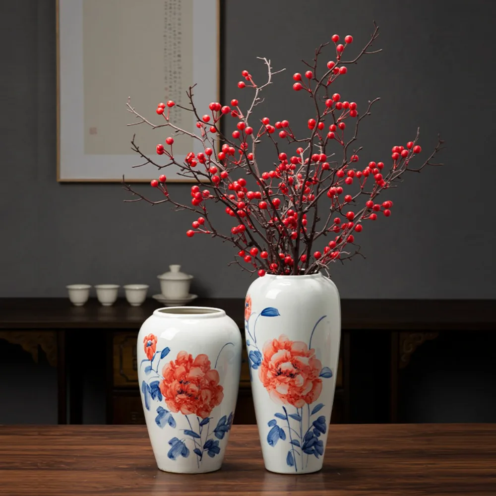 Jingdezhen New Chinese Hand-painted Ceramic Hydroponic Vase Rich Peony Living Room Study Porch Ornament Insert Simulation Flower