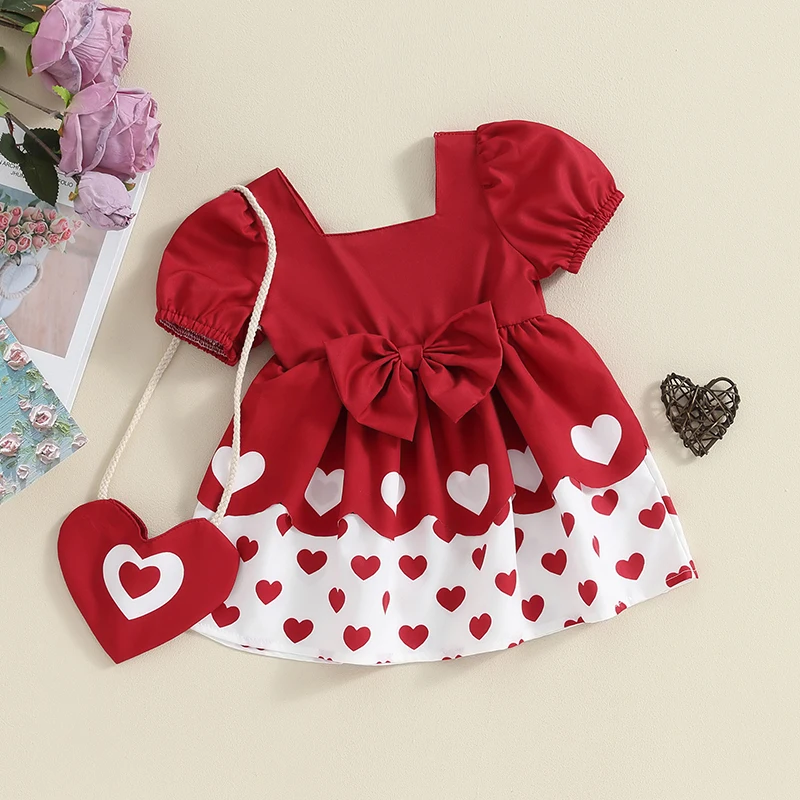 Toddler Baby Girl Valentine's Day Clothing Heart Print 3D Bow Dress + Heart Shape Crossbody Bag for Party Wedding Summer Set