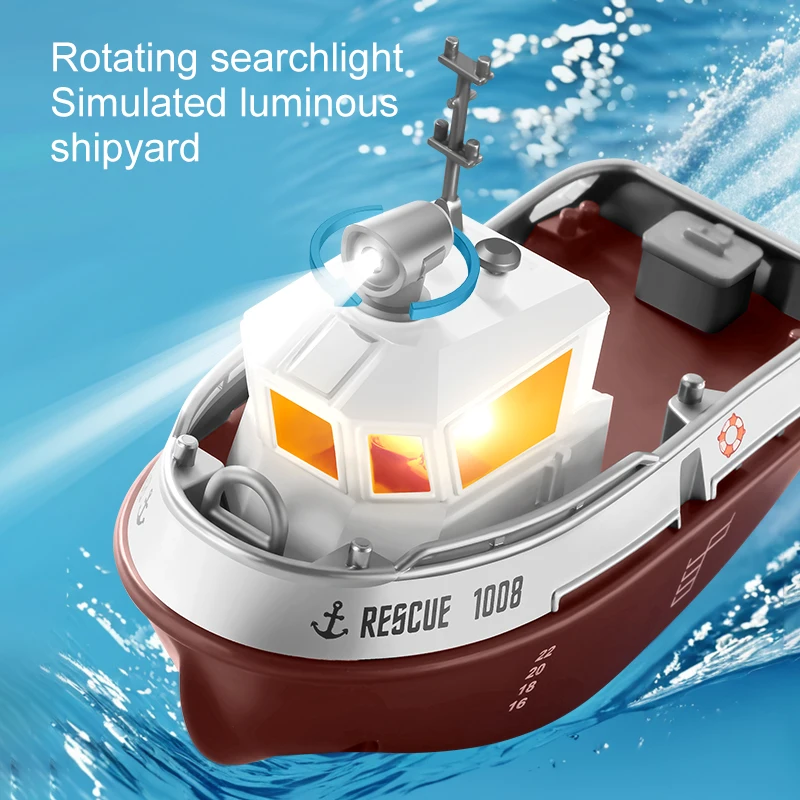 Mini RC Tug Boat Toy,Water‑Sensing Start Waterproof Remote Control Boat With LED Light Dual Propeller For Kids Pool Water Game