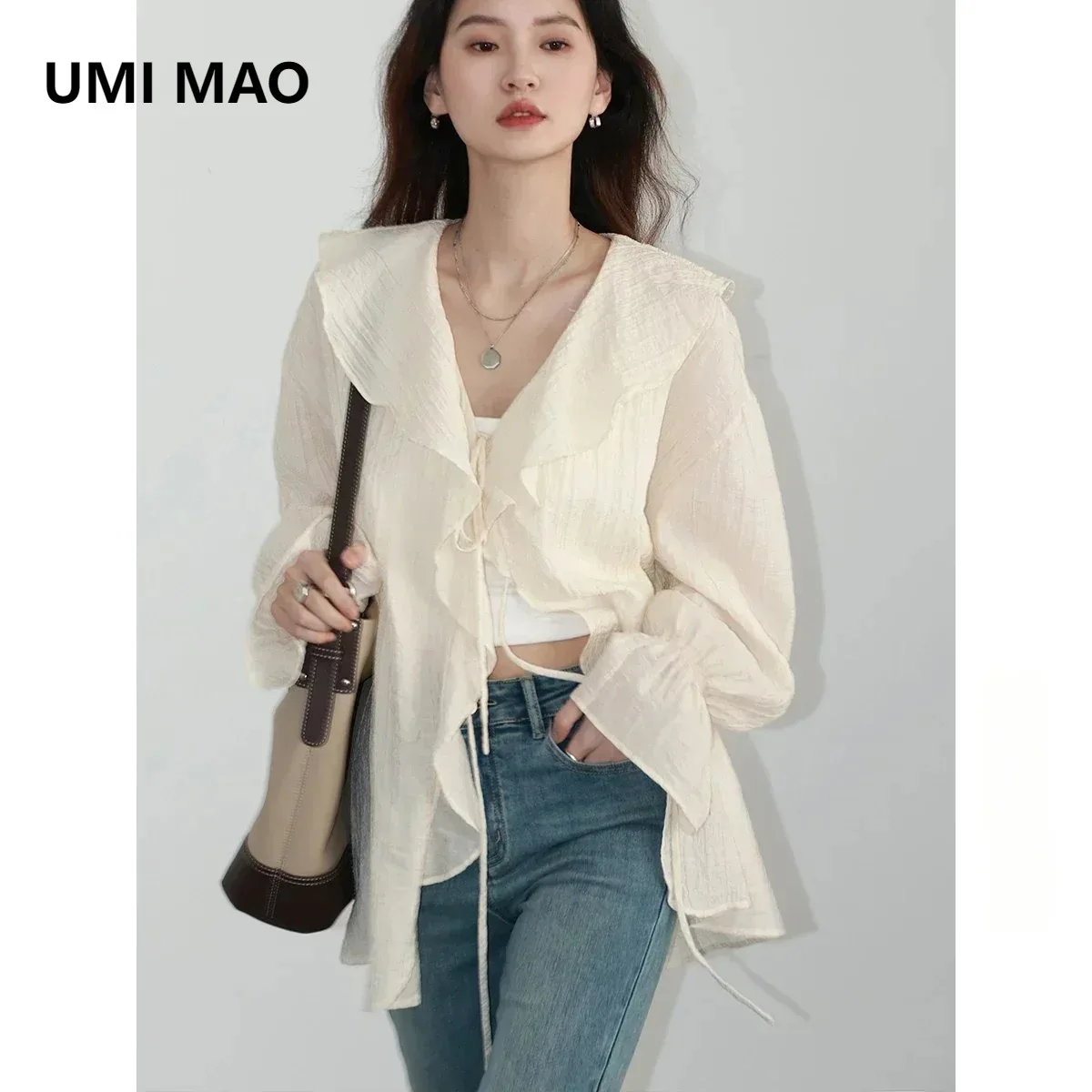 

UMI MAO Women Shirt Loose Casual Ruffled Edges Female Blouses V Neck Lace Up Mid Length Women Shirts Spring Summer