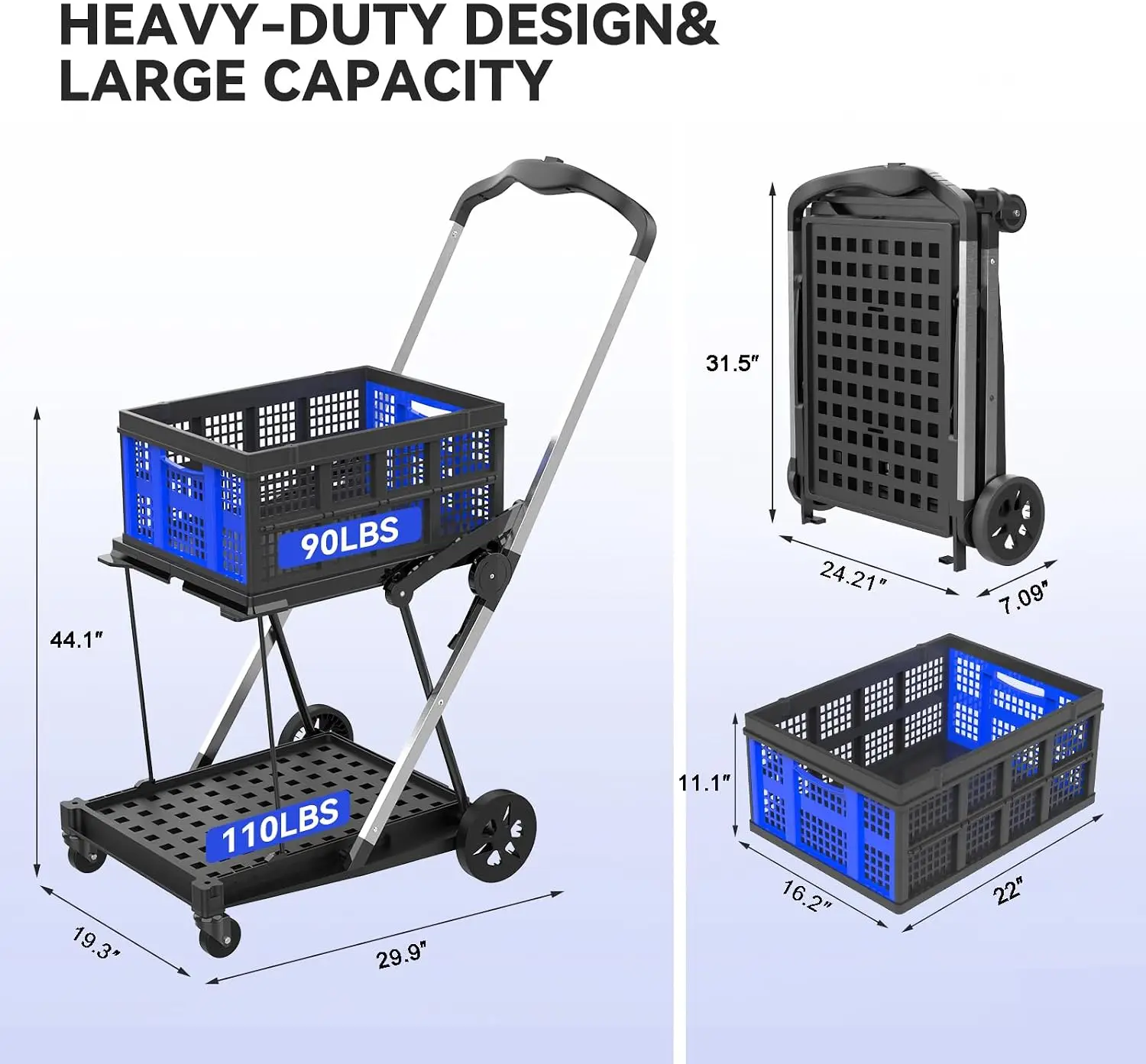 Collapsible Shopping Cart with Wheels,2 Tier Multi Use Foldable Shopping Cart with 2 Storage Crates,Folding Shopping Trolley