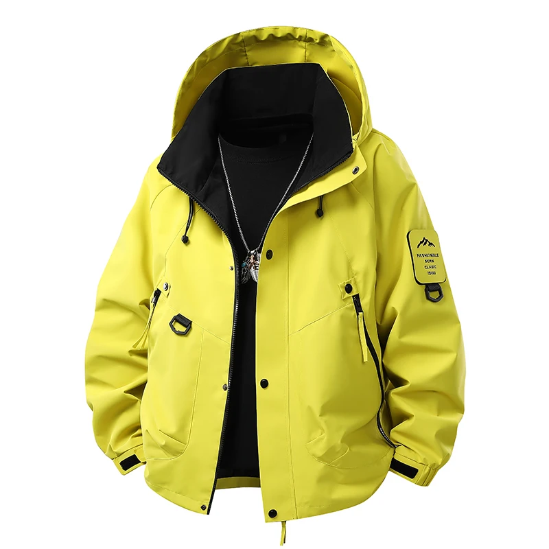 Men Women Unisex Fluorescent Green Mountaineering Jacket Hooded Windproof Cargo Pocket Coat Spring Autumn Outdoor Camping Windbr