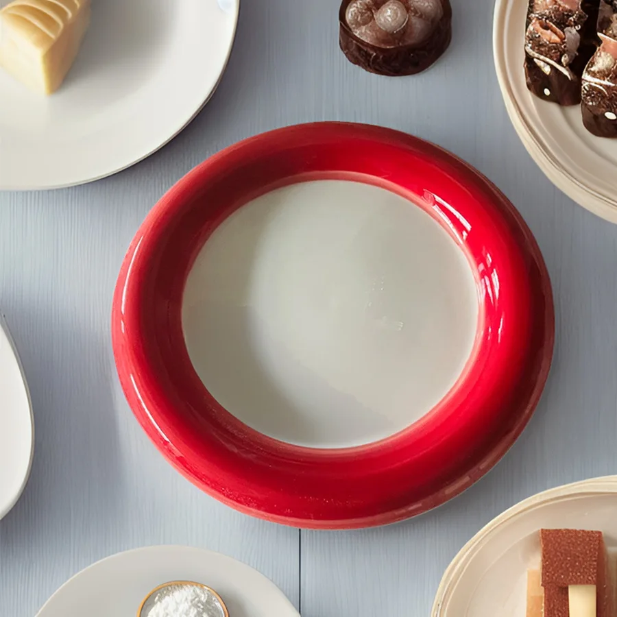 1PCS 8-inch 6-inch, ceramic hand-painted plate, household dessert plate, cake plate, simple red and black Dudu plate.