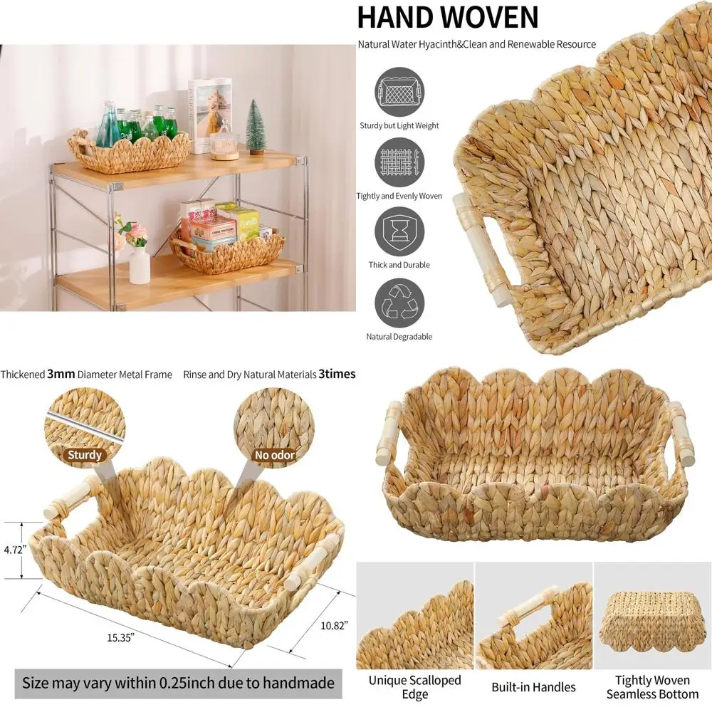 

Wicker Basket,Scalloped Basket with Wooden Handle,Hand-Woven Water Hyacinth Storage Baskets for Organizing,Shelves,Snack,Gift,2