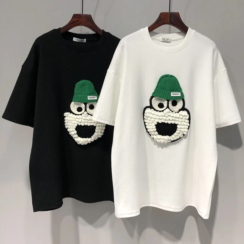

Brand Women's Short Sleeve T-Shirt Korean Style Embroidery Decoration Flocking Trendy Cut Label Cartoon 3D Embellishment