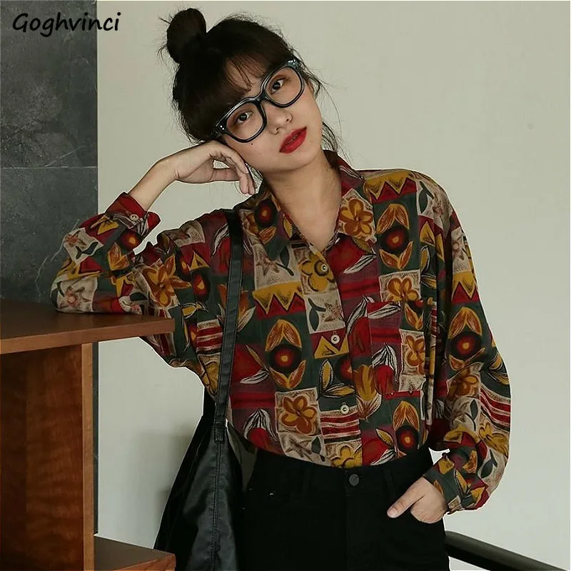 Blouses Shirts Women Printed Loose Spring Autumn All-match Fashion Harajuku Streetwear Students Vintage Retro Femme Shirt New