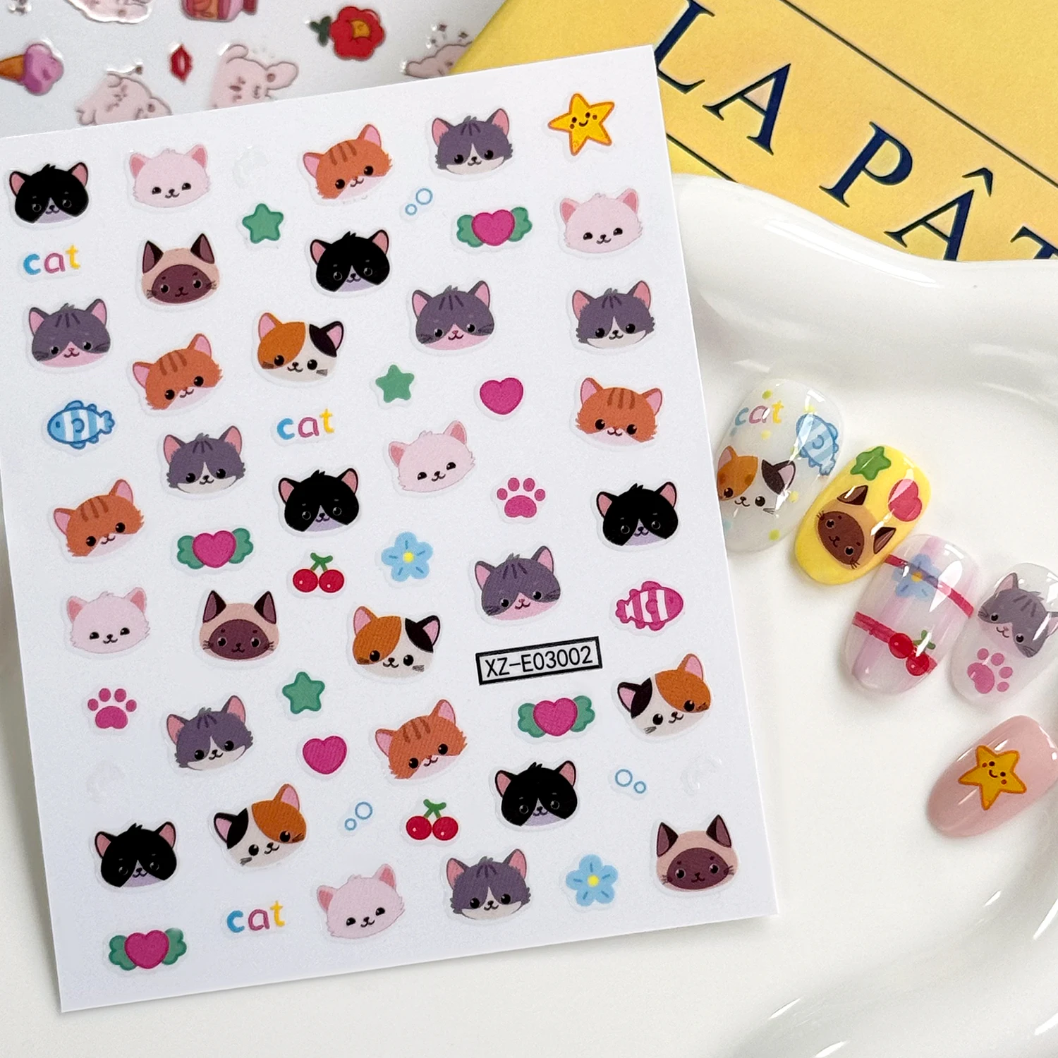 1/2 Stück 5D Niedliche Katzen-Nagelkunst-Aufkleber Mehrfarbige Kätzchenpfoten Stern Blumen Selbstklebende Nagelsticker Tier-Maniküre-Dekorationen – Detail 7