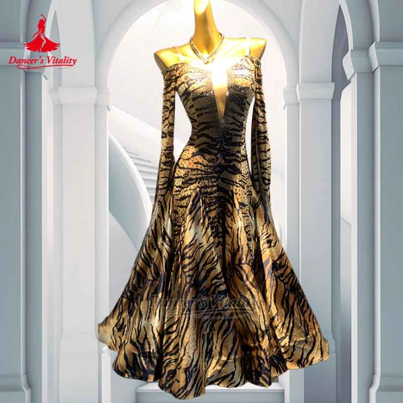 Ballroom Dance Tiger Stripes Dew Shoulder Dresses with Necklace Advanced Customize Female Waltz Foxtrot Outfit Dancer's Vitality